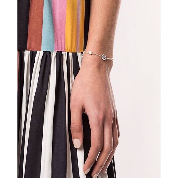 Tory Burch Crystal Logo & Imitation Pearl Station Bracelet Silver OS - Picture 14 of 15